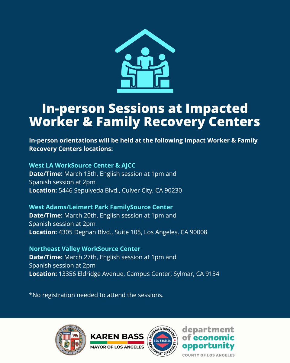 Lost your employment due to the wildfires? EWDD, in collaboration with LA County DEO, are hosting virtual and in-person sessions all month long to go over employment transition services.

For more information, visit bit.ly/EWDDRapid-Resp….