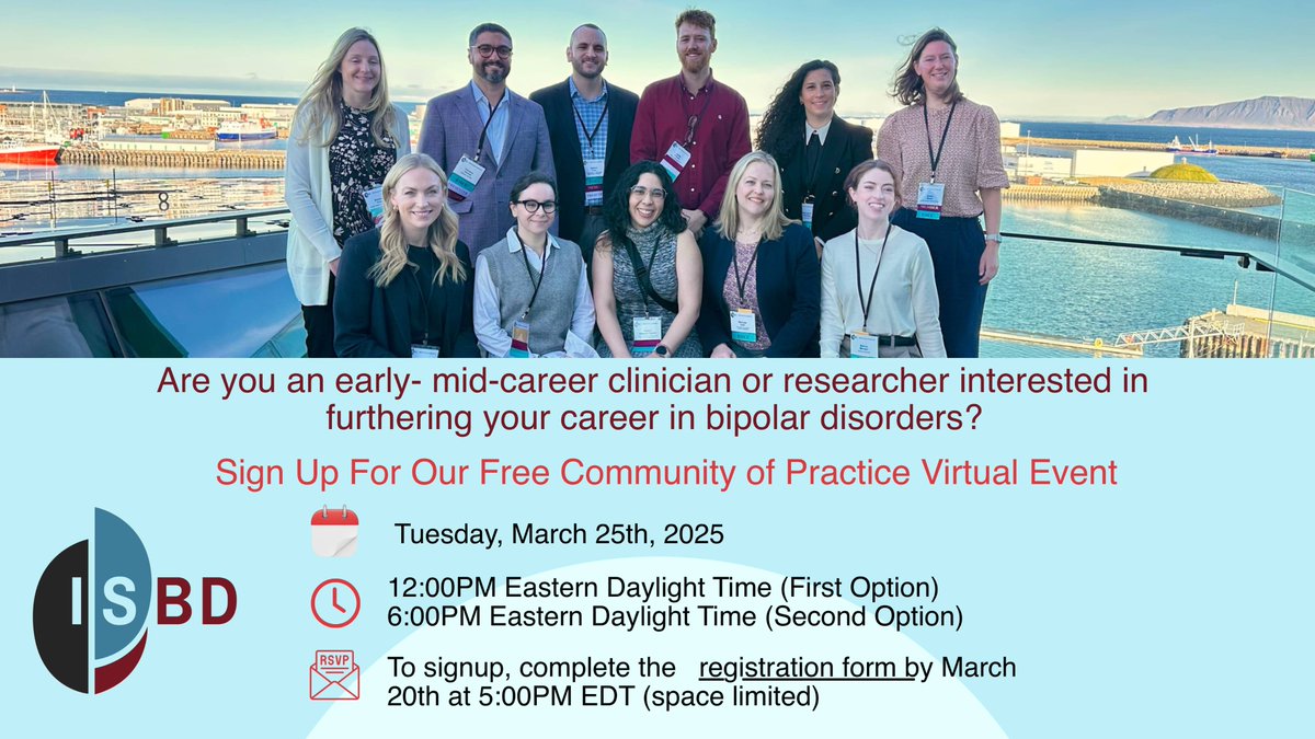 ISBD (@isbd4) on Twitter photo Join the <a href="/EMC_ISBD4/">@EMC_ISBD4</a> as they launch its Community of Practice on Tuesday, March 25th. This online event is for early & mid-career people working in the field of #bipolardisorder. Don't miss your chance to connect with others in the field!
Register here: forms.gle/cobckZRdVK144k… Join the <a href="/EMC_ISBD4/">@EMC_ISBD4</a> as they launch its Community of Practice on Tuesday, March 25th. This online event is for early & mid-career people working in the field of #bipolardisorder. Don't miss your chance to connect with others in the field!
Register here: forms.gle/cobckZRdVK144k…