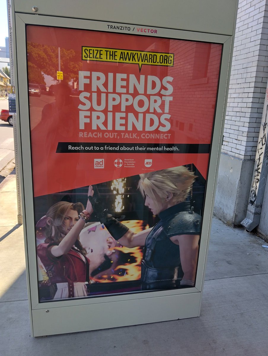 surferbrg's tweet photo. Was at my usual bus stop and saw this. Love it especially when it's Final Fantasy image used. 

#finalfantasy #finalfantasyvii #adcouncil #jed #advertisment #friendssupportfriends❤️ https://t.co/nD08xyAgJ2