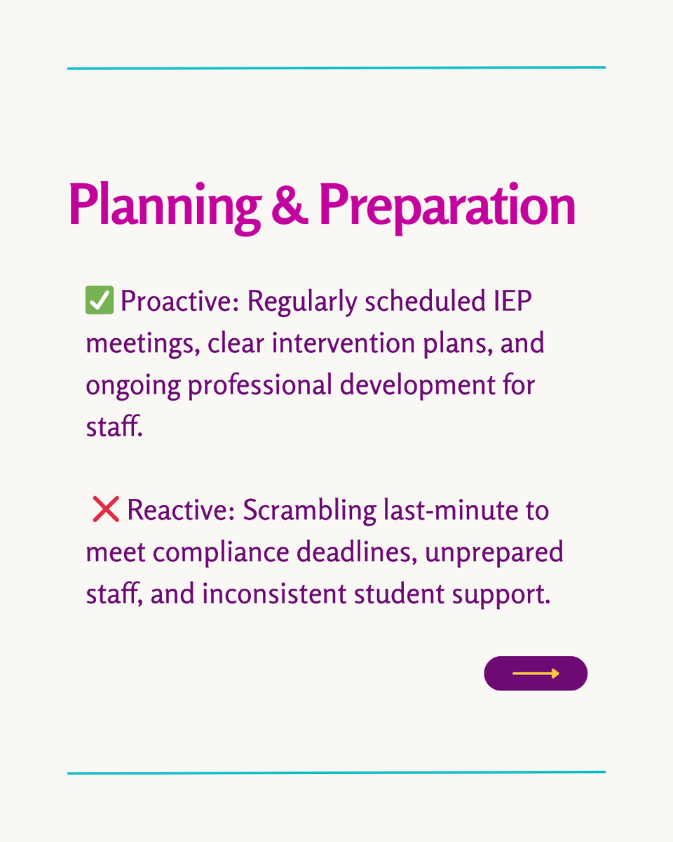 TheIEPCoachLLC's tweet photo. Proactive SPED leadership prevents burnout, compliance issues &amp; legal trouble. Reactive schools? They scramble to fix problems after they happen.

Which one describes your school? Swipe to see the key differences &amp; drop your thoughts below! 

#SPEDLeadership #EducationMatters https://t.co/tFwwb7y4fS