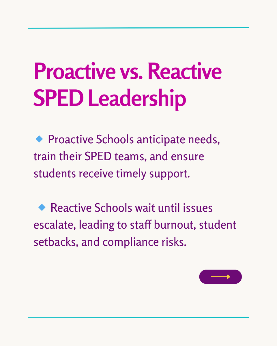 TheIEPCoachLLC's tweet photo. Proactive SPED leadership prevents burnout, compliance issues &amp; legal trouble. Reactive schools? They scramble to fix problems after they happen.

Which one describes your school? Swipe to see the key differences &amp; drop your thoughts below! 

#SPEDLeadership #EducationMatters https://t.co/tFwwb7y4fS