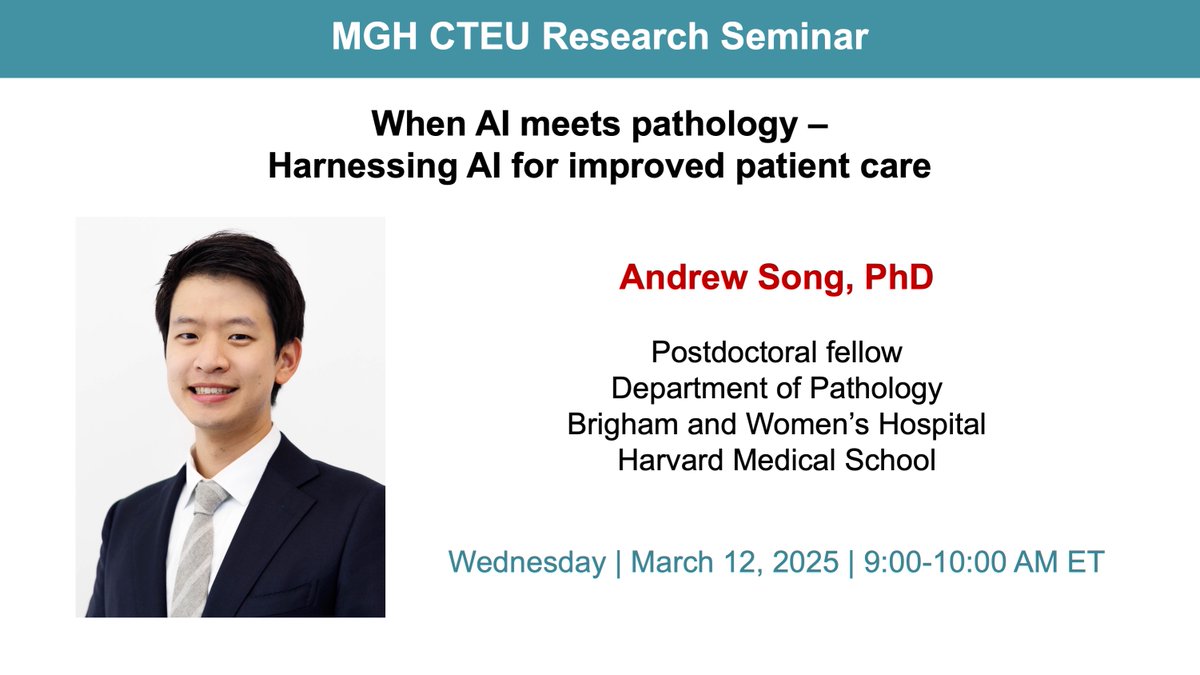 Clinical & Translational Epidemiology Unit - MGH (@mgh_cteu) on Twitter photo Join our CTEU Seminar on 3/12 at 9 AM.
Dr. <a href="/GreatAndrew90/">Andrew H. Song</a> from the Brigham and Women’s Hospital will give a talk entitled “When AI meets pathology – Harnessing AI for improved patient care.” Chat with us at mghcteu.org to join Zoom. Join our CTEU Seminar on 3/12 at 9 AM.
Dr. <a href="/GreatAndrew90/">Andrew H. Song</a> from the Brigham and Women’s Hospital will give a talk entitled “When AI meets pathology – Harnessing AI for improved patient care.” Chat with us at mghcteu.org to join Zoom.