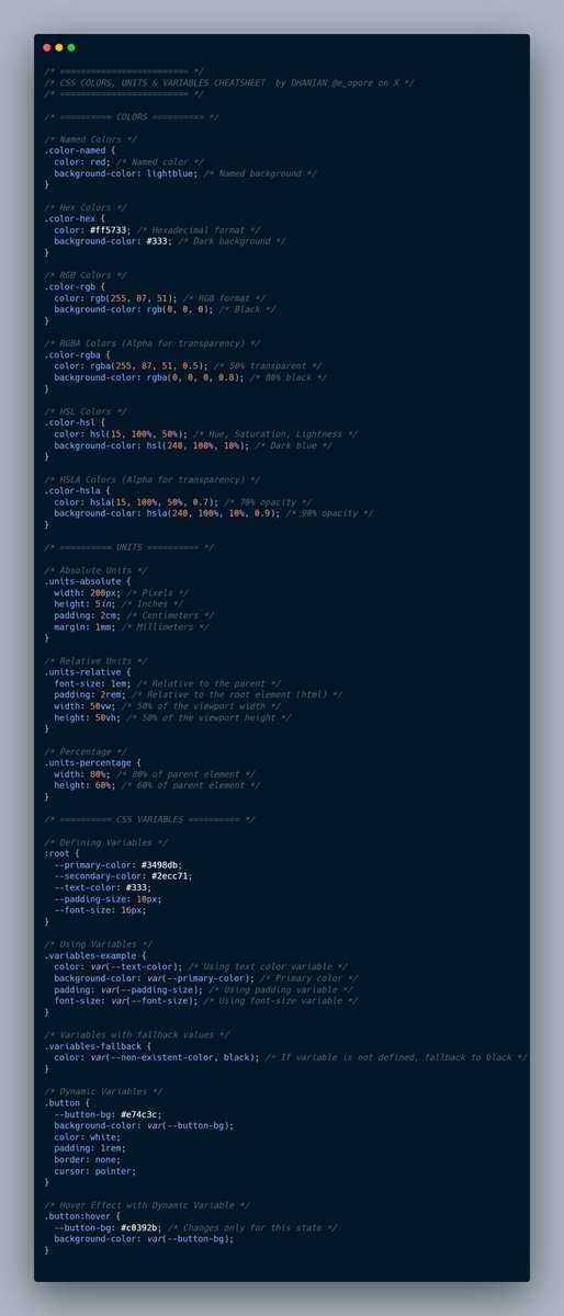 e_opore's tweet image. CSS cheatsheet covering Colors, Units, and Variables.