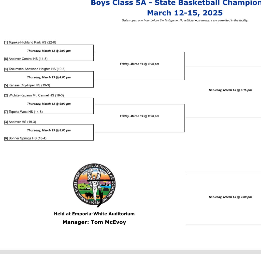 State bracket and schedule for next week in emporia! A ton of great teams! Going to be some good basketball
