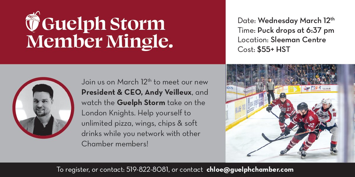 🏒Last chance to join us on March 12th for our Member Mingle! 🤝Meet our new President &amp; CEO, Andy Veilleux, and enjoy the Guelph Storm vs London Knights game .  Pizza, wings, chips, drinks + networking = Go Storm!
bit.ly/4dcvfAs