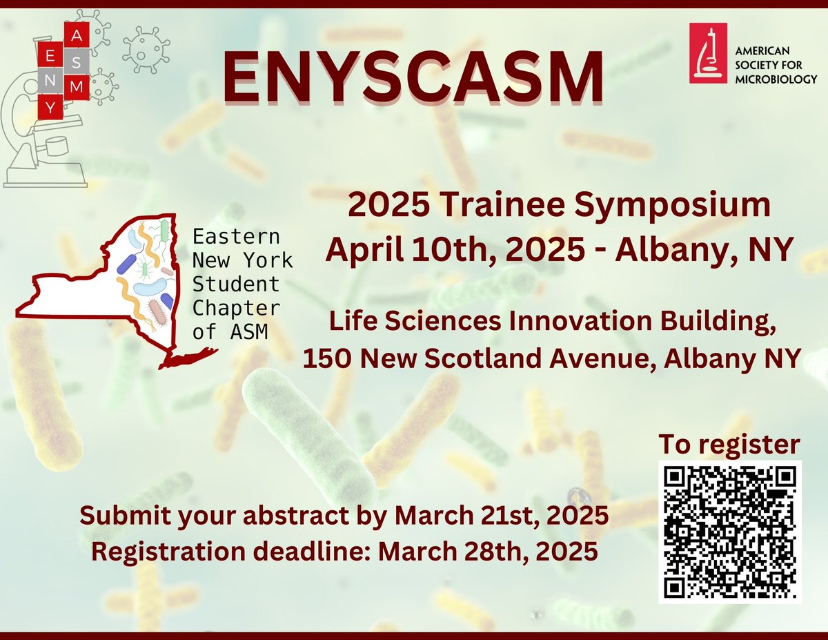 🚨 Save the Date! 🚨
ENYSCASM 2025 Trainee Symposium
📅 April 10, 2025 | 📍 Albany, NY
🔬 Calling all microbiology students &amp; postdocs! Submit your abstracts by March 21 for talks &amp; posters. Registration is FREE!
📲 Scan the QR code on the flyer to register!