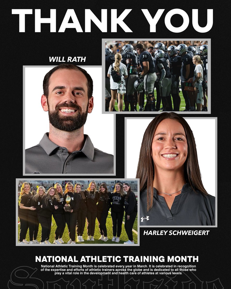 DentonGuyer_FB's tweet photo. Happy Athletic Training Month to our Dream Team! 

We want to say thank you to our Sports Medicine staff, @hschweigertATC, @wrath15, &amp; our student trainers, for all that they do for our student athletes.
We appreciate everything you do! 

#NATM2025 https://t.co/pH9Nu0wTYF