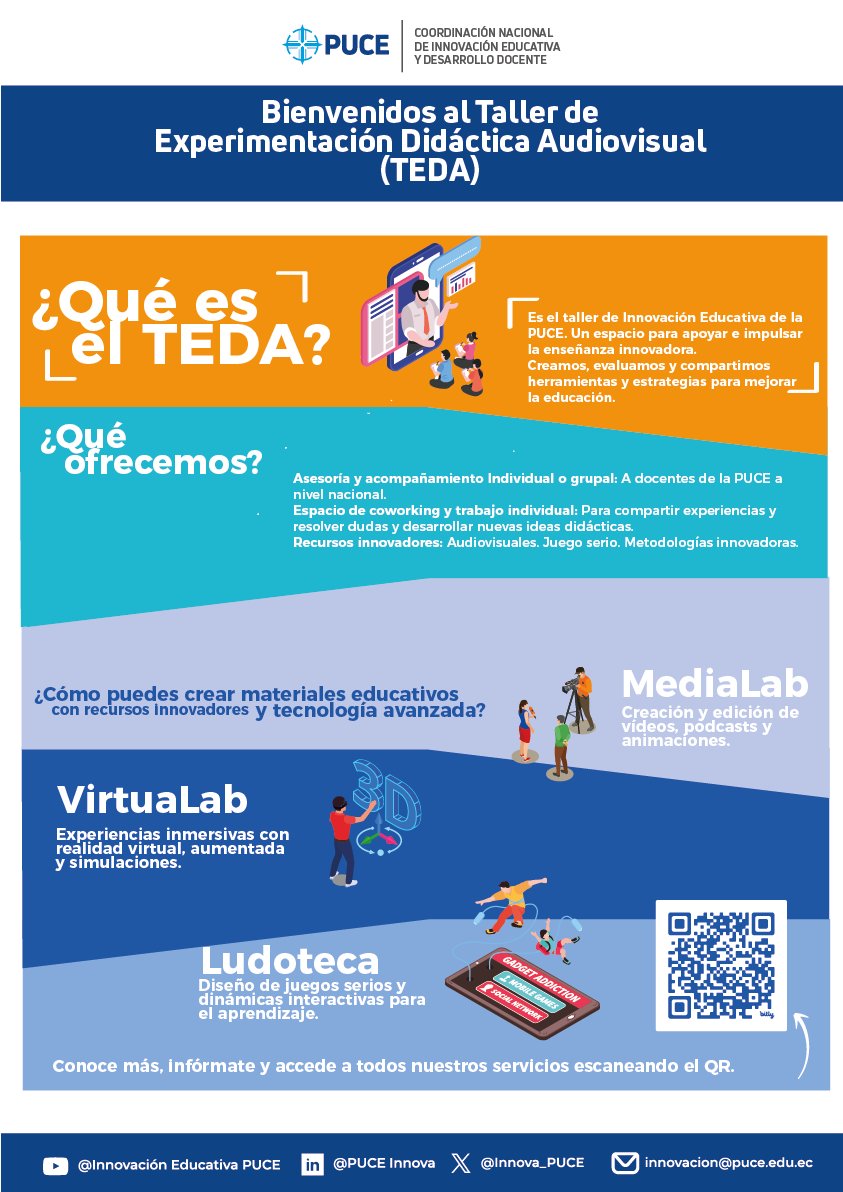 Estamos transformando la educación en el #TEDA de la <a href="/PUCE_Ecuador/">PUCE Ecuador</a>. Innovamos con tecnología y metodologías de vanguardia para preparar a los líderes del futuro. ¿Eres docente y quieres ser parte de esta revolución? Descubre nuestros servicios y únete a la #EducaciónDelFuturo.