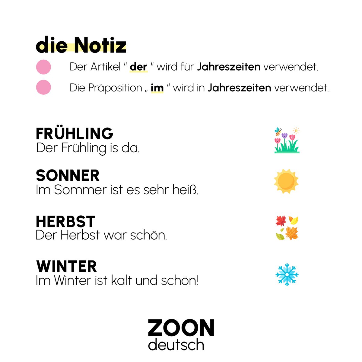 zoondeutsch's tweet photo. Jahreszeiten

🌸 Frühling
☀️ Sommer
🍁 Herbst
❄️ Winter

#zoonacadamy #zoondeutsch #deutsch #deutschland #jahr #jahreszetien #frühling #sommer #herbst #winter #deutschland #Deutschlernen #lernendeutsch https://t.co/MzAbyB9n5N