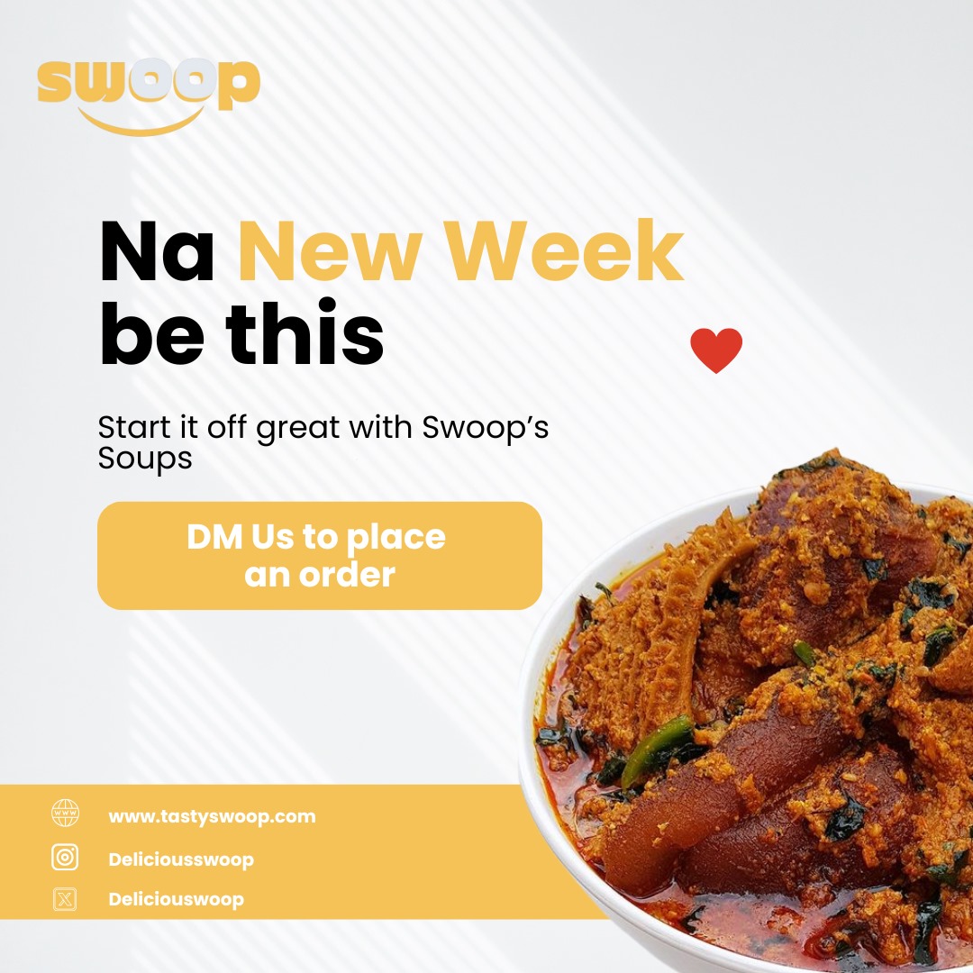 Happy New week! 🎉

Fuel your week with delicious, satisfying meals, Swoop has you covered! 🍽️

Craving something tasty? Send us a DM or visit our website to order now🛒📲