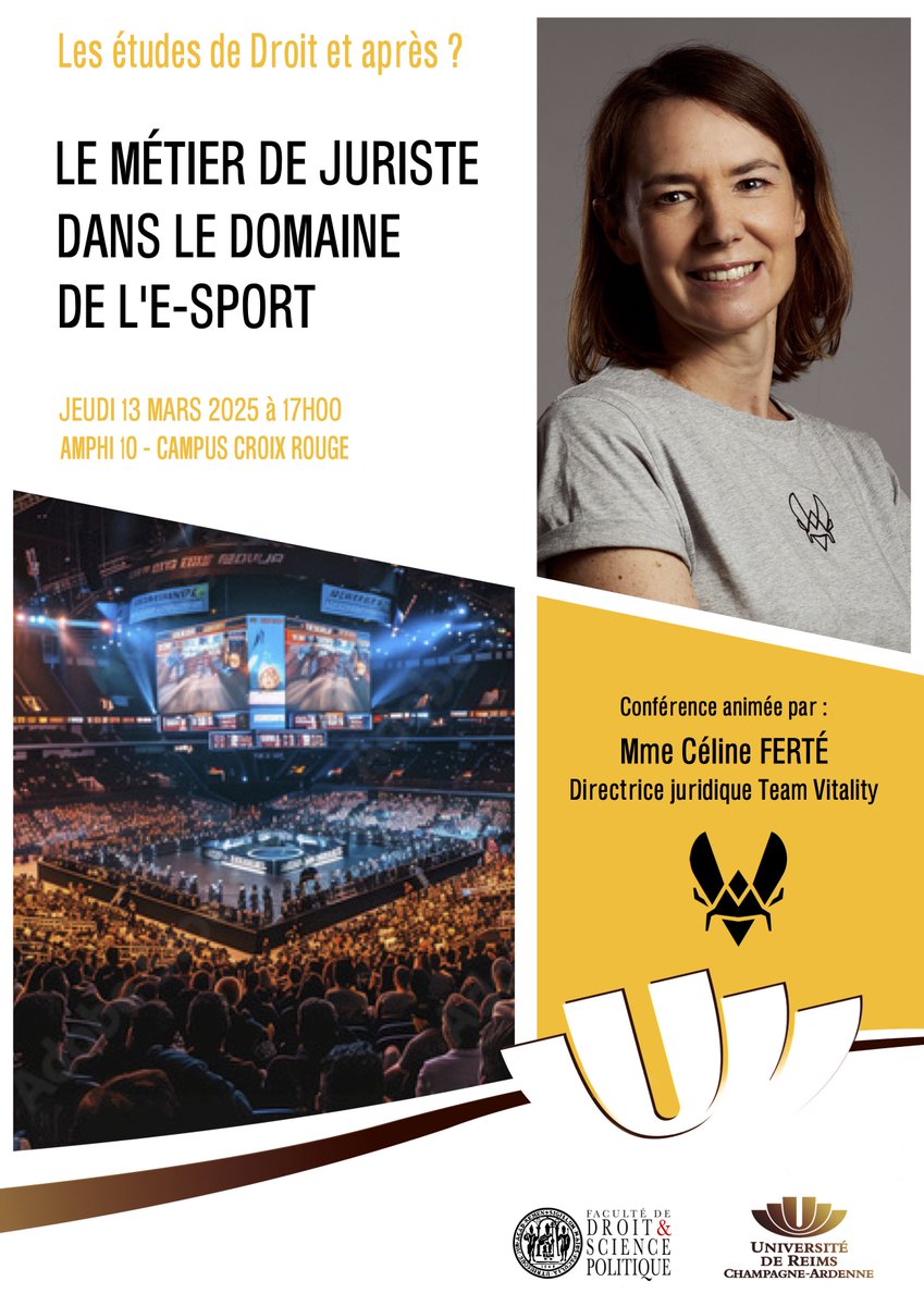 Présentation du métier de juriste dans l’e-sport, ce jeudi 13 mars à 17h, à <a href="/FacDSPReims/">Faculté de Droit et de Science Politique de Reims</a>, par Mme Céline FERTÉ, directrice du service juridique de <a href="/TeamVitality/">Team Vitality 🐝</a>! Venez nombreux! #droit #jeuxvidéo
