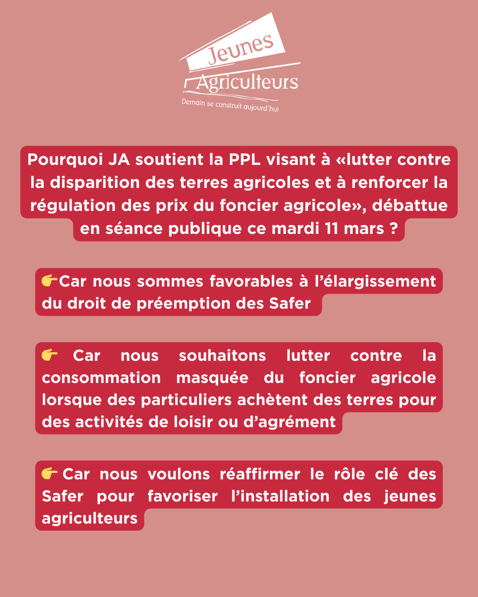Alors que la proposition de loi visant à lutter contre la disparition des terres agricoles et à renforcer la régulation des prix du foncier agricole sera débattue en séance publique à l'<a href="/AssembleeNat/">Assemblée nationale</a> ce mardi 11 mars 2025, voici pourquoi #JeunesAgriculteurs soutient ce texte 👉
