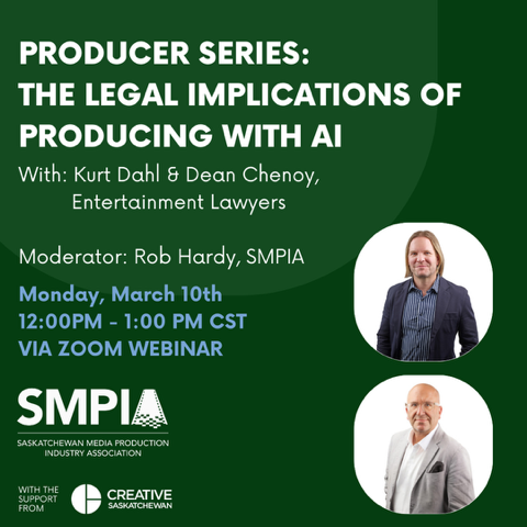 TODAY!!!  SMPIA Producer Series: The Legal Implications of Producing with AI - with Kurt Dahl &amp; Dean Chenoy

🗓️ Date: Monday, March 10, 2025 

🕒 Time: 12:00 PM to 1:00 PM CST

Register in advance: eventbrite.ca/e/smpia-produc…

#SMPIA #CreativeSaskatchewan