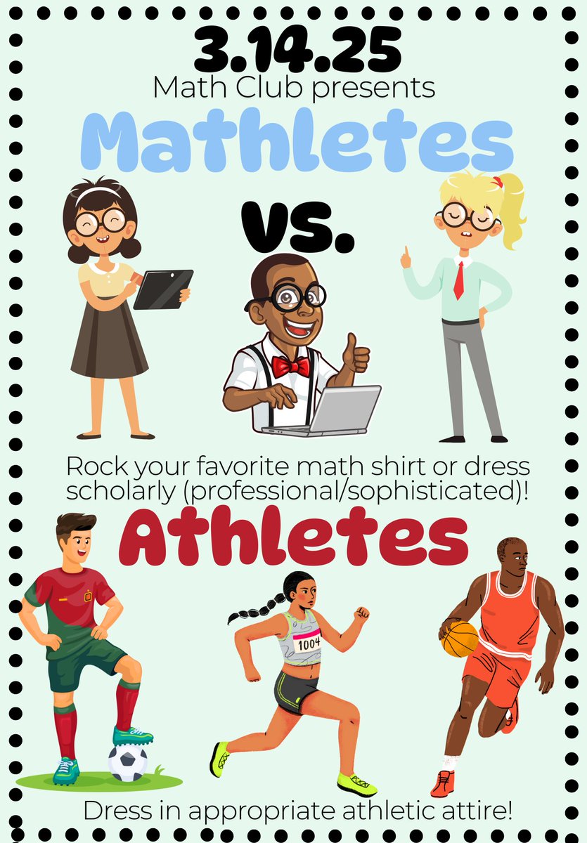 TOISmathclub's tweet photo. This Friday (3/14) celebrate Pi Day with the Math Club by participating in our Spirit Day "Mathletes vs. Athletes". Rock your favorite math shirt or dress scholarly to represent a mathlete or dress in appropriate athletic attire as an athlete! We can't wait to see your spirit!! https://t.co/9YH0TQ7Iep