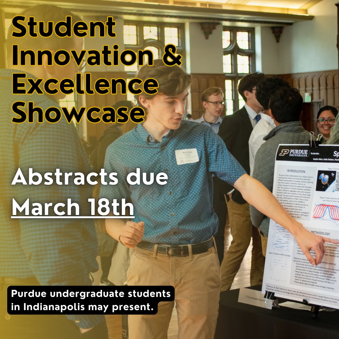 Purdue Undergraduate Research (@purdueour) on Twitter photo The Student Innovation & Excellence Showcase is an opportunity for Purdue students in Indianapolis to share their research, projects, and creative work through poster presentations.
📅 : April 24th
📍 : Campus Center Room 450, Indianapolis
⏰ : 10:30 AM–12 PM & 1:30–3 PM The Student Innovation & Excellence Showcase is an opportunity for Purdue students in Indianapolis to share their research, projects, and creative work through poster presentations.
📅 : April 24th
📍 : Campus Center Room 450, Indianapolis
⏰ : 10:30 AM–12 PM & 1:30–3 PM