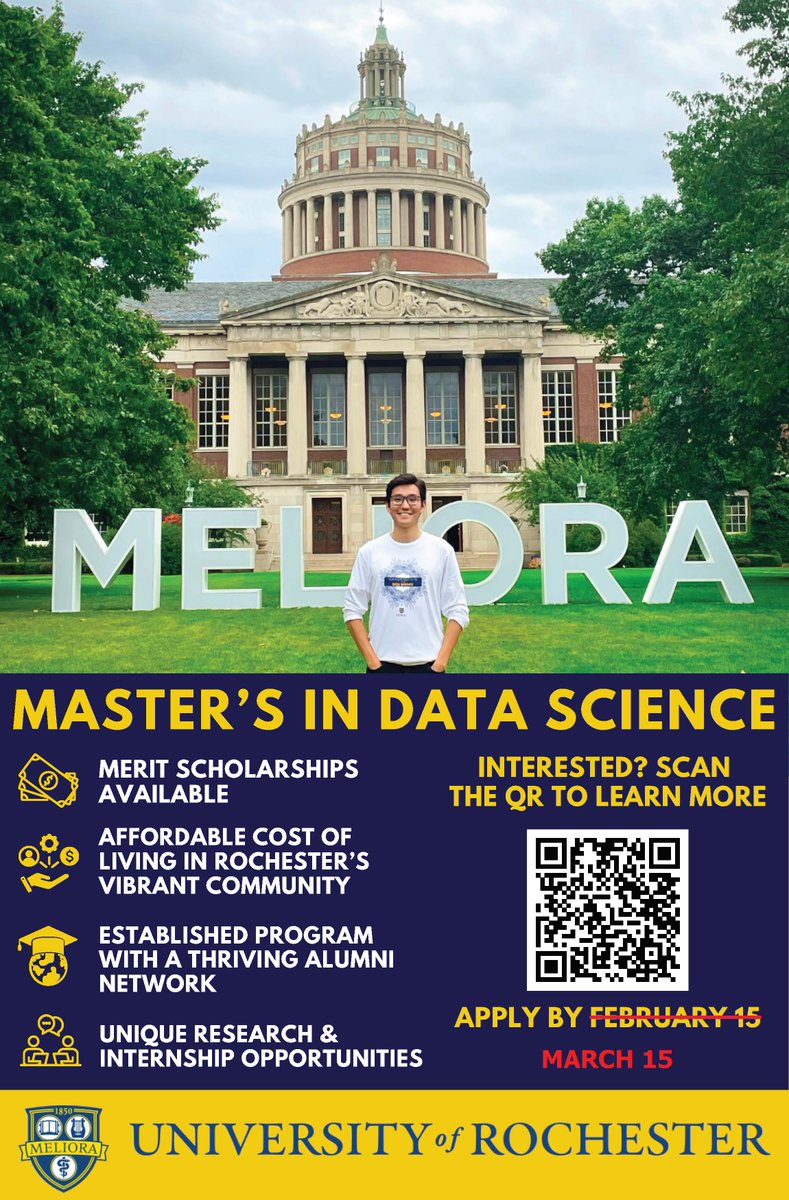 Goergen Institute for Data Science and AI (@uofrdatasci) on Twitter photo FINAL WEEK TO APPLY! 📣 The application deadline for the <a href="/UofR/">University of Rochester</a> Master of Science in #datascience program has been extended to MARCH 15 for full-time students applying to start in Fall 2025! Apply today at the link below:
hajim.rochester.edu/dsc/graduate/a… FINAL WEEK TO APPLY! 📣 The application deadline for the <a href="/UofR/">University of Rochester</a> Master of Science in #datascience program has been extended to MARCH 15 for full-time students applying to start in Fall 2025! Apply today at the link below:
hajim.rochester.edu/dsc/graduate/a…