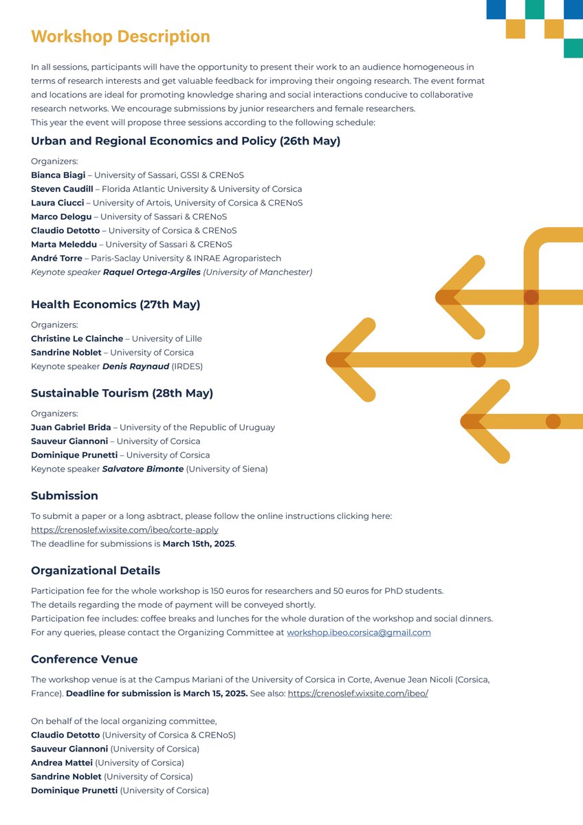 Claudio Detotto 🇪🇺 (@claudio_detotto) on Twitter photo 🚨Last chance! Only 5 days left to submit!🚨
XIV WORKSHOP #IBEO, Corsica (Corte🇫🇷), 26–28 May
Topics
-Urban & Regional Economics
-Health Economics
-Sustainable Tourism
Submission deadline: 15 March
crenoslef.wixsite.com/ibeo/corte-app…
<a href="/biancabiagi/">Bianca Biagi</a> <a href="/TorreAndr/">André Torre</a> <a href="/lciuccipoggi/">laura ciucci</a> <a href="/crenos_sardegna/">CRENoS</a> 🚨Last chance! Only 5 days left to submit!🚨
XIV WORKSHOP #IBEO, Corsica (Corte🇫🇷), 26–28 May
Topics
-Urban & Regional Economics
-Health Economics
-Sustainable Tourism
Submission deadline: 15 March
crenoslef.wixsite.com/ibeo/corte-app…
<a href="/biancabiagi/">Bianca Biagi</a> <a href="/TorreAndr/">André Torre</a> <a href="/lciuccipoggi/">laura ciucci</a> <a href="/crenos_sardegna/">CRENoS</a>