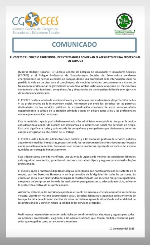 Albert Font-Tarrés (@fonttarres) on Twitter photo 😔 Quan les educadores socials avisen, cal escoltar-les abans que passi res gros
Comunicat del <a href="/CGCEES/">Consejo Gral de Colegios de Educadoras/es Sociales</a> i el Colegio Profesional de Educadoras y Educadores Sociales de Extremadura 👇🏼 😔 Quan les educadores socials avisen, cal escoltar-les abans que passi res gros
Comunicat del <a href="/CGCEES/">Consejo Gral de Colegios de Educadoras/es Sociales</a> i el Colegio Profesional de Educadoras y Educadores Sociales de Extremadura 👇🏼