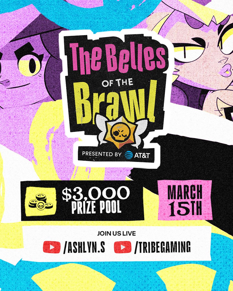So excited to announce Tribe's all Women's Tournament hosted by me and Nat!! 🩷

• $3,000 prize pool 💰
• Six teams 🏆
• BRAWL STARS ⭐️

The Belles of the Brawl tournament will be happening LIVE on Saturday March 15 at 3pm CT.