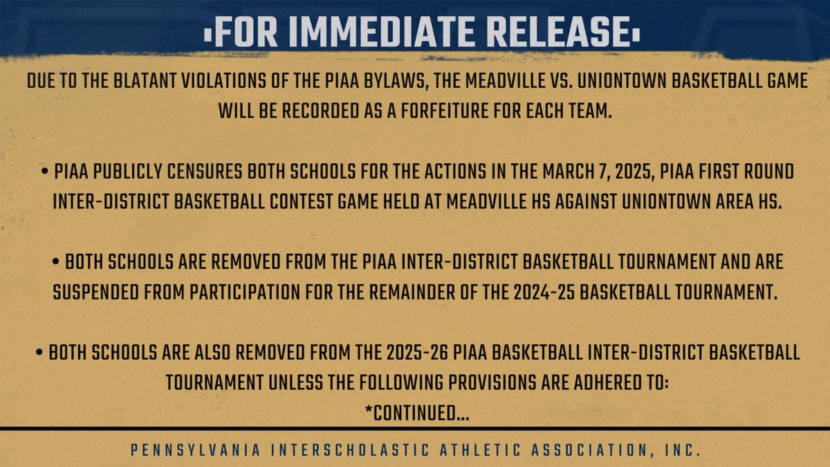 PIAASports's tweet image. For immediate release in regard to the PIAA 1st Round Basketball game held on Friday, March 7th, 2025.