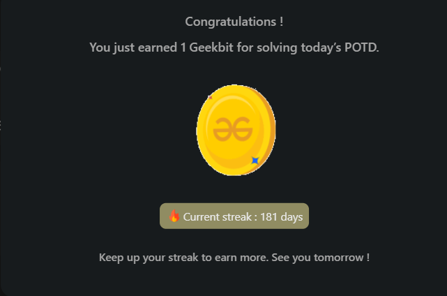 rishavkr206's tweet photo. Day 181✅
@geeksforgeeks
"GfG 160"-160 Days of Problem Solving (Day 116)
#geekstreak2024 #gfg160
Problem = Edit Distance
#gfg #100daysofcodechallenge #dsa #CodingChallenge #probemSolving #100DaysOfCode #100dayschallenge #WorkHard https://t.co/emVjjvEMn3