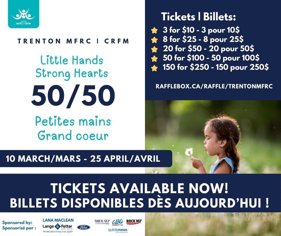 🎉Announcing The Trenton MFRC’s Little Hands, Strong Hearts 50/50 Raffle! 🎉

▶️ Visit rafflebox.ca/raffle/trenton… to get your ticket today. Jackpot starts at $1,000.00!

▶️Must be 18+ and reside in Ontario at the time of purchase.