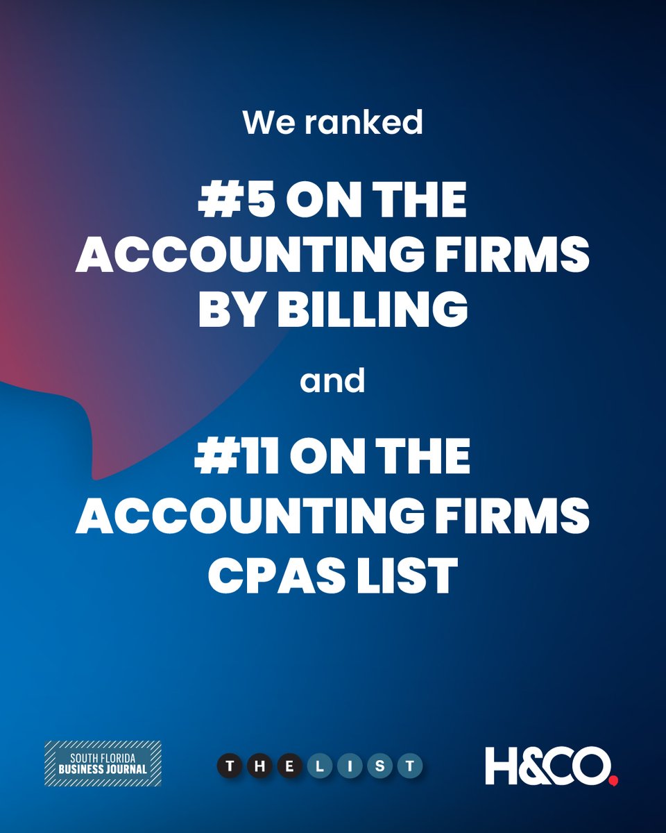 H&CO (@hco_usa) on Twitter photo We are proud to be named one of <a href="/SFBJNews/">South Florida Business Journal</a> Top 25 #Accounting Firms, ranking #11, and among the Top 5 by Gross Billings. These recognitions reflect our growth, client trust, and commitment to excellence.
lnkd.in/dmfq4S9Y
#SFBJ #Accounting #Accountant #CPA #Business #tax We are proud to be named one of <a href="/SFBJNews/">South Florida Business Journal</a> Top 25 #Accounting Firms, ranking #11, and among the Top 5 by Gross Billings. These recognitions reflect our growth, client trust, and commitment to excellence.
lnkd.in/dmfq4S9Y
#SFBJ #Accounting #Accountant #CPA #Business #tax