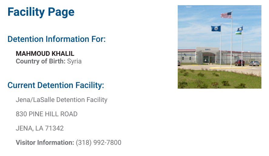 UPDATE: US greencard holder Mahmoud Khalil is being held at the Jena/LaSalle Detention Facility in Louisiana. He was detained from his home in New York on Saturday night and for over 24 hours, his location was not known to his wife and attorneys.