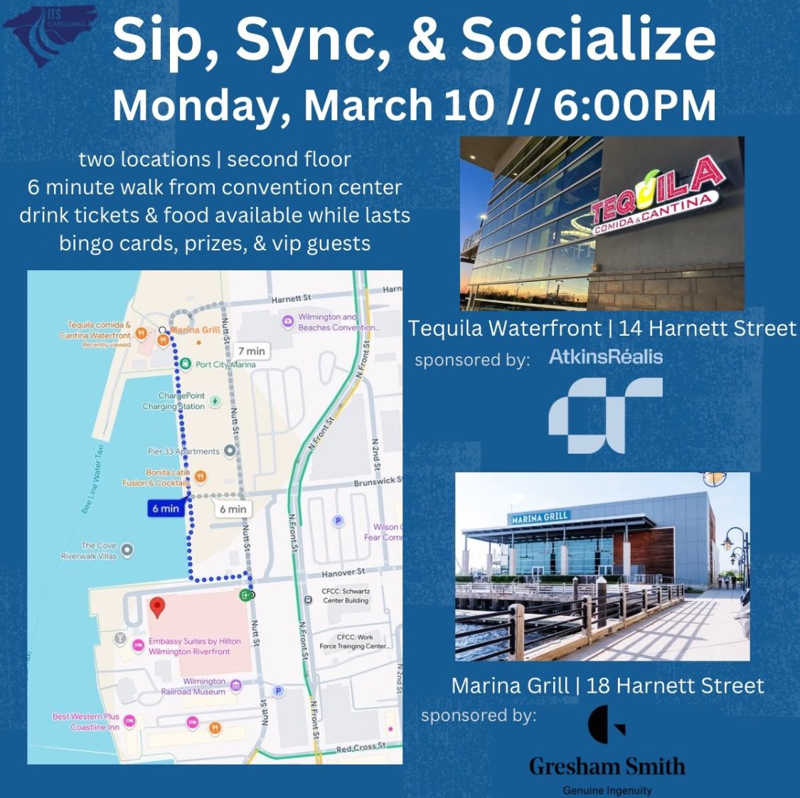 Tonight is the night! Join <a href="/CarolinasITS/">ITS Carolinas</a> at Tequila Waterfront and Marina Grill to sip, sync, and socialize as we kick off the ITS Carolinas Annual Meeting. Don’t forget to pickup a bingo card to win prizes throughout the conference!
