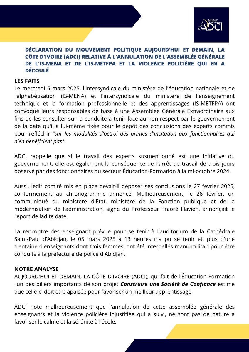 adcotedivoire's tweet image. #CivEdu &amp;amp; respect des droits : #ADCI dit NON à la répression !
Le 5 mars, des enseignants ont été violemment interpellés lors de leur AG. Une atteinte inacceptable à leurs droits !
📌 Lire notre déclaration 👇👇👇
