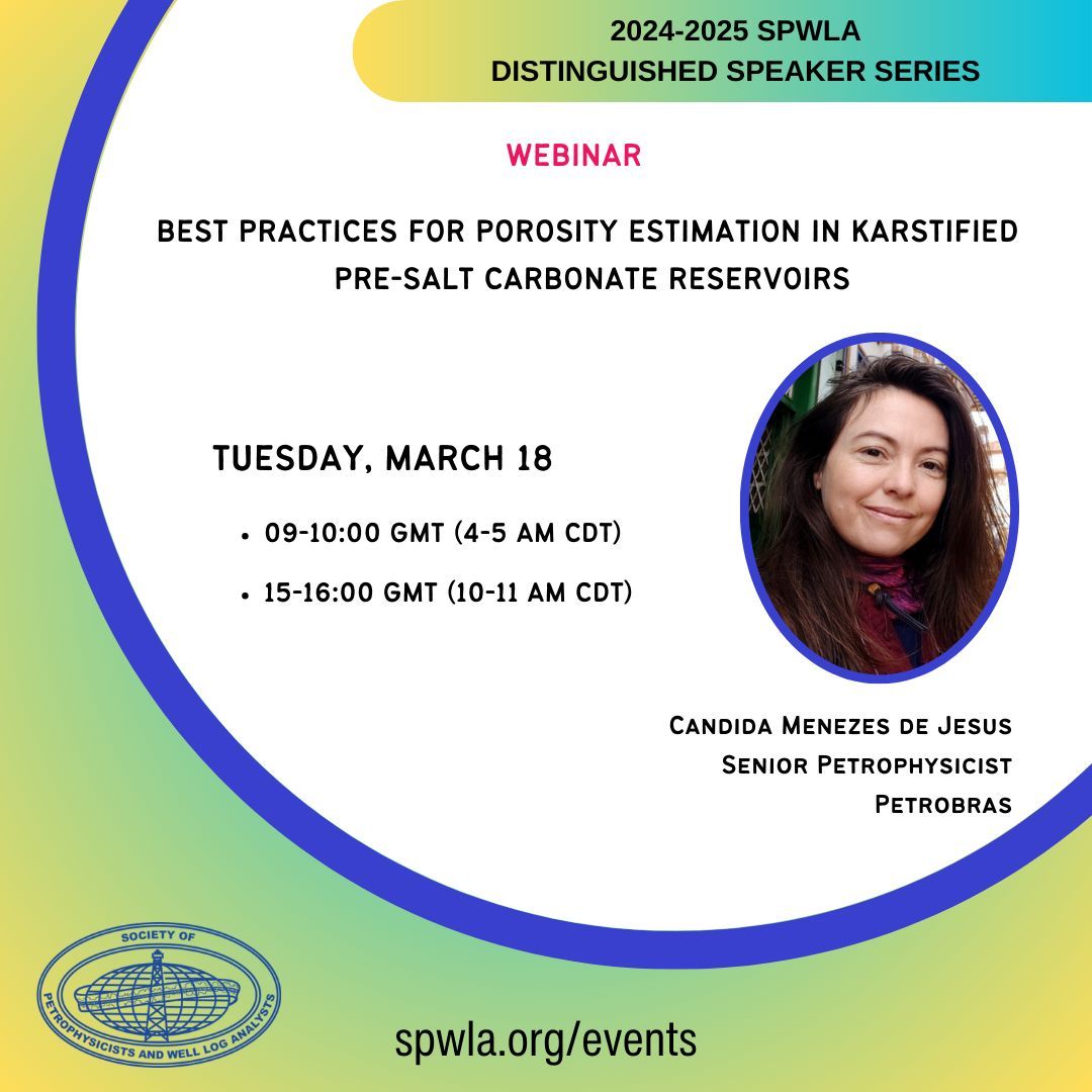 SPWLA is hosting the next Global Distinguished Speaker on Tuesday, March 18th. Candida Menezes de Jesus, from Petrobras, will be presenting "Best Practices for Porosity Estimation in Karstified Pre-Salt Carbonate Reservoirs."

buff.ly/s0rLeU9 

#spwla #spwlaDS