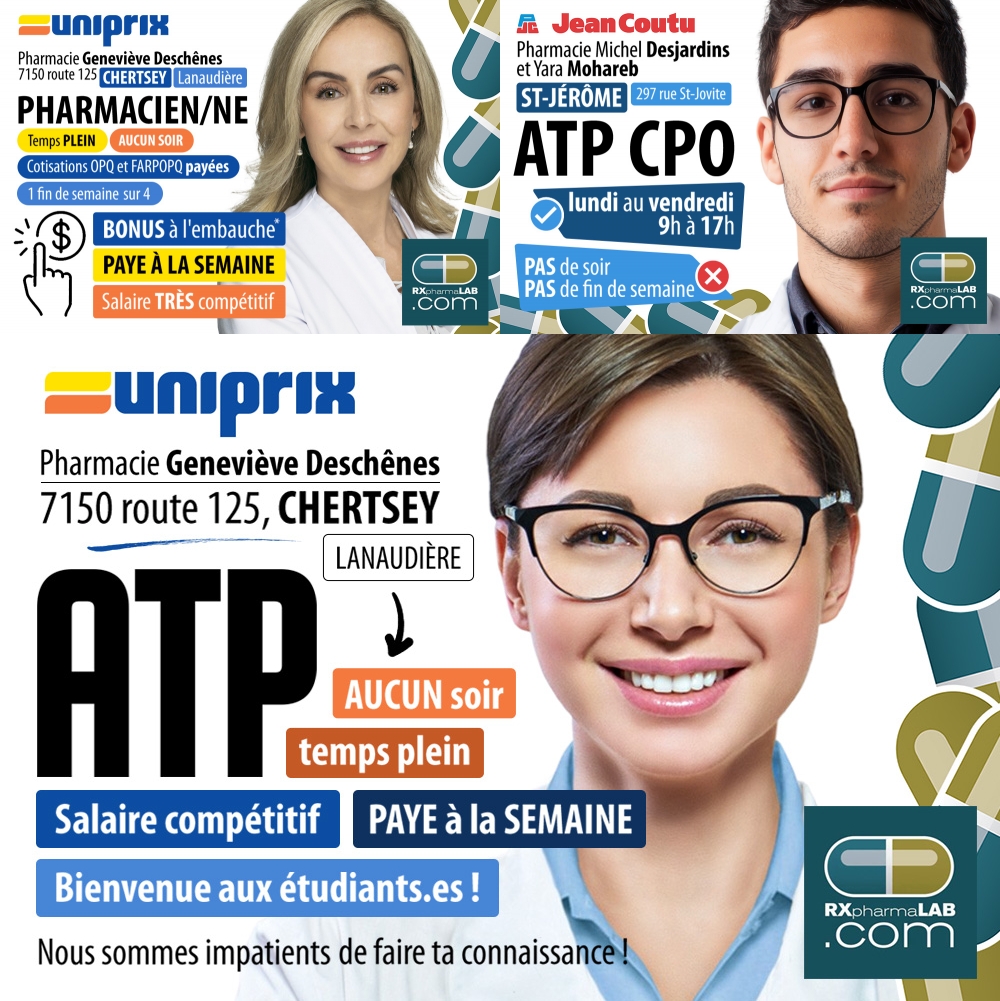 formatp's tweet image. #Chertsey ATP #Uniprix Postulez maintenant rxpharmalab.com/14809

💥 +++
Pharmacien(ne) ➡ Chertsey
rxpharmalab.com/14903
ATP CPO ➡ ST-Jérôme
rxpharmalab.com/14973

#RXpharmaLAB Diffusez vos postes rxpharmalab.com/publier