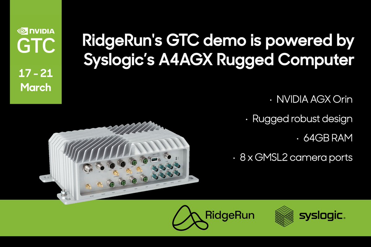 🚀RidgeRun and Syslogic_AI Partnership at the NVIDIA GTC 2025! 🚀

🌟RidgeRun’s demo at NVIDIA GTC 2025 is powered by the Syslogic_AI Rugged Computer RML A4AGX, delivering the performance and reliability required for real-time video analytics in demanding environments.🚀

✅
