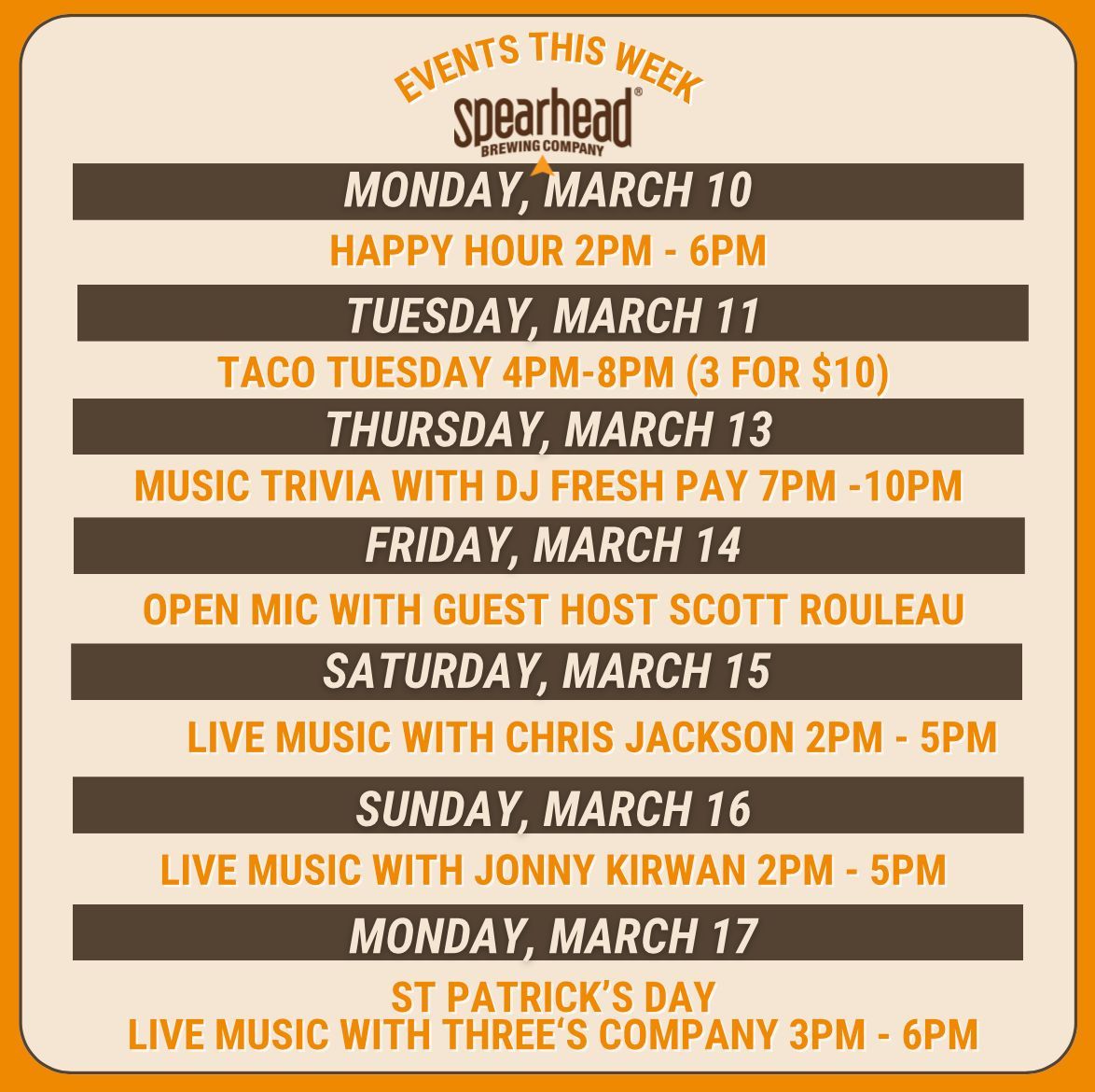 Spearhead Weekly Events!!!
Come check us out at Spearhead