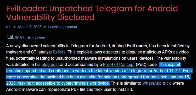 club31337's tweet photo. A security researcher known as 0x6rss published details on #EvilLoader, a vulnerability in the #Telegram #Android app that can be used to force-install apps on a user's device.
Telegram on top of security as usual
https://t.co/7zCrVMvdPh https://t.co/Z4DUybbzyo