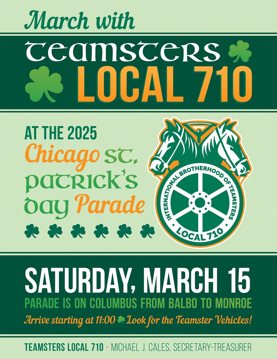 🍀🇮🇪 Hey 710 Members! Join with us and march in the Chicago St. Patrick’s Day Parade on Saturday, March 15!

Please arrive in the parade line-up starting at 11:00am. Look for the Teamster vehicles on the west side of Columbus!

Full details online here: teamsters710.com/2025/03/10/mar…