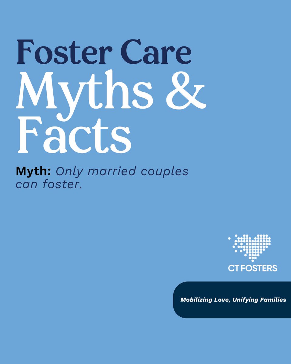 CTDCF's tweet photo. A common myth is that only married couples can foster. Fact: Single parents, couples, and families of all types can provide a safe and loving home for a child in need.

#CTDCF #CTFosters https://t.co/XA3Kz20gYX