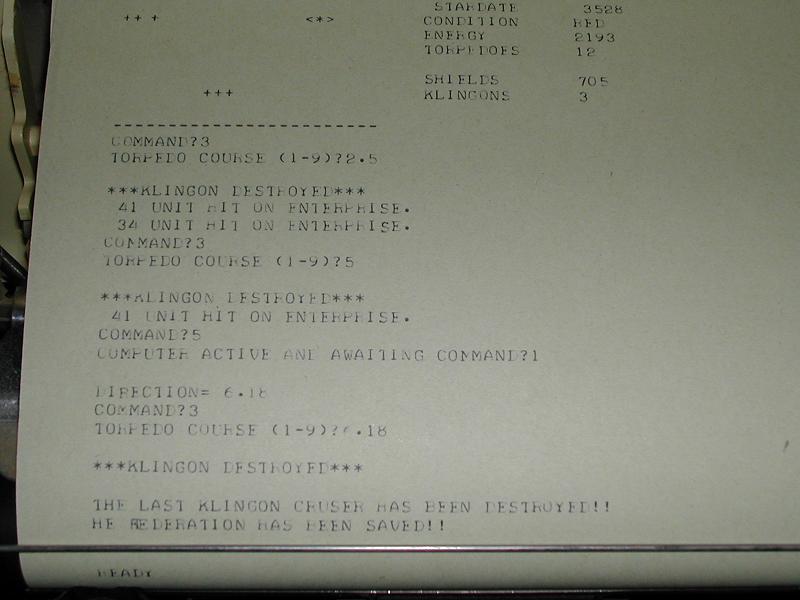 chswiger's tweet photo. Ha - a retro completion of the #BASIC #StarTrek game on an #ASR33 110 baud #Teletype made sometime around 2004? Using #simh - sold the collectible machine for a 10x gain, from a hamfest years earlier https://t.co/L9STW4NewR