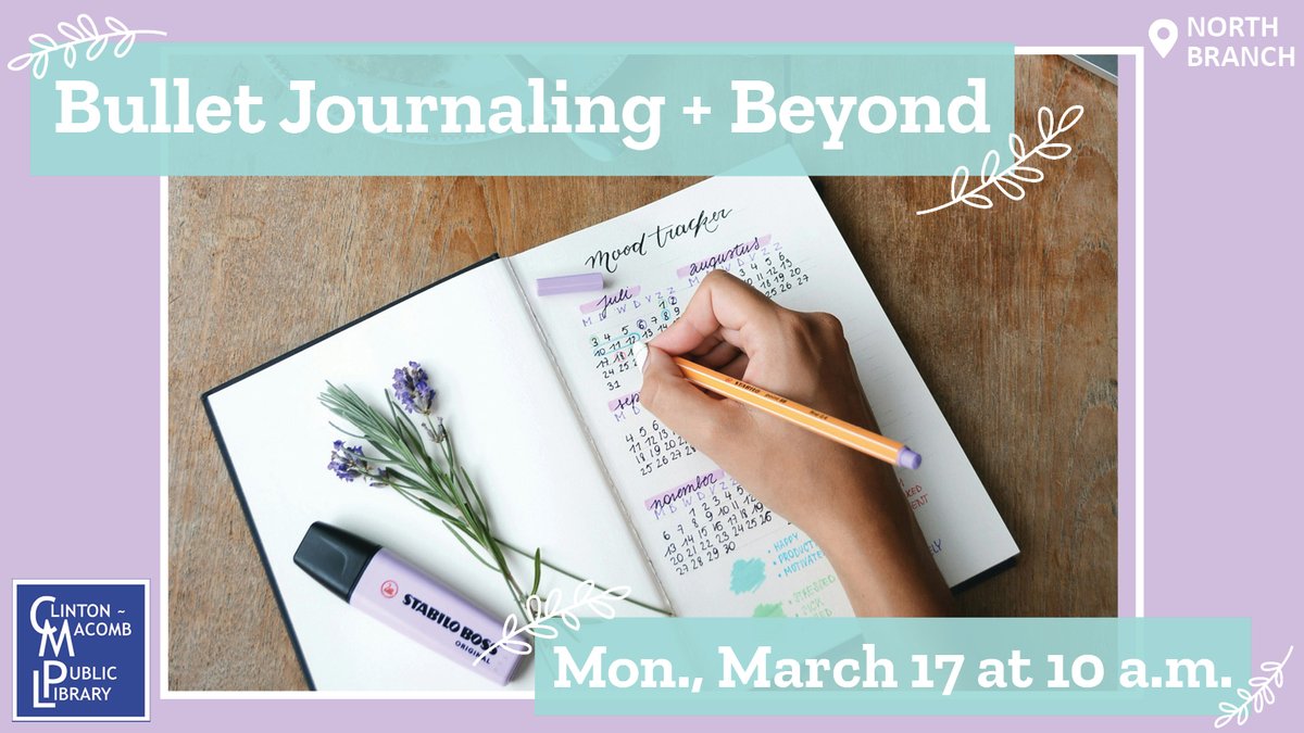 cmplib's tweet image. Experience a type of journaling to help keep track of life, focus on important things, &amp;amp; clear your mind. We will cover the basics of Bullet Journaling and then stretch it to the next level. Call (586) 226-5083 or register here: cmpl.libnet.info/event/12440929 #Journaling #BulletJournal
