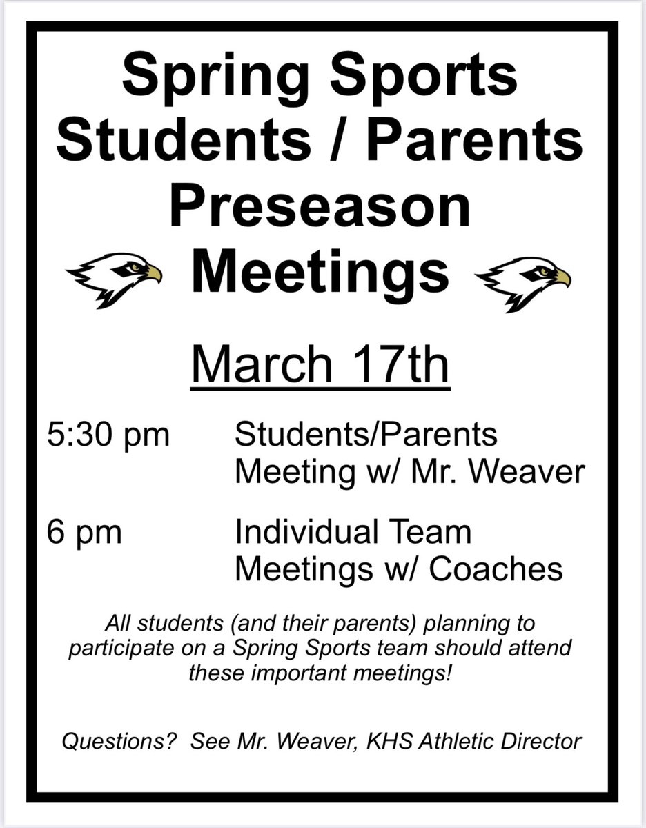Attention all <a href="/KennettAthletic/">Kennett Athletics</a> students planning to play a spring sport … one week until preseason meetings on Monday, March 17th at 5:30 pm. We will meet as a group in the auditorium first and then break out for individual team meetings.