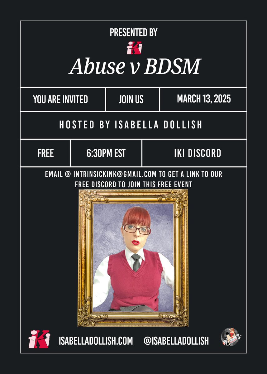 🍭dreamweaver dolly🍭 (@dreamw34ver) on Twitter photo Join the amazing <a href="/IsabellaDollish/">Isabella Dollish Europe Tour July ‘25</a> this Thursday for her talk, Abuse v BDSM
Another free event brought to you by the <a href="/IntrinsicKink/">Intrinsic Kink Inc.</a> team!
Hope to see you there sweetie 🩷 Join the amazing <a href="/IsabellaDollish/">Isabella Dollish Europe Tour July ‘25</a> this Thursday for her talk, Abuse v BDSM
Another free event brought to you by the <a href="/IntrinsicKink/">Intrinsic Kink Inc.</a> team!
Hope to see you there sweetie 🩷