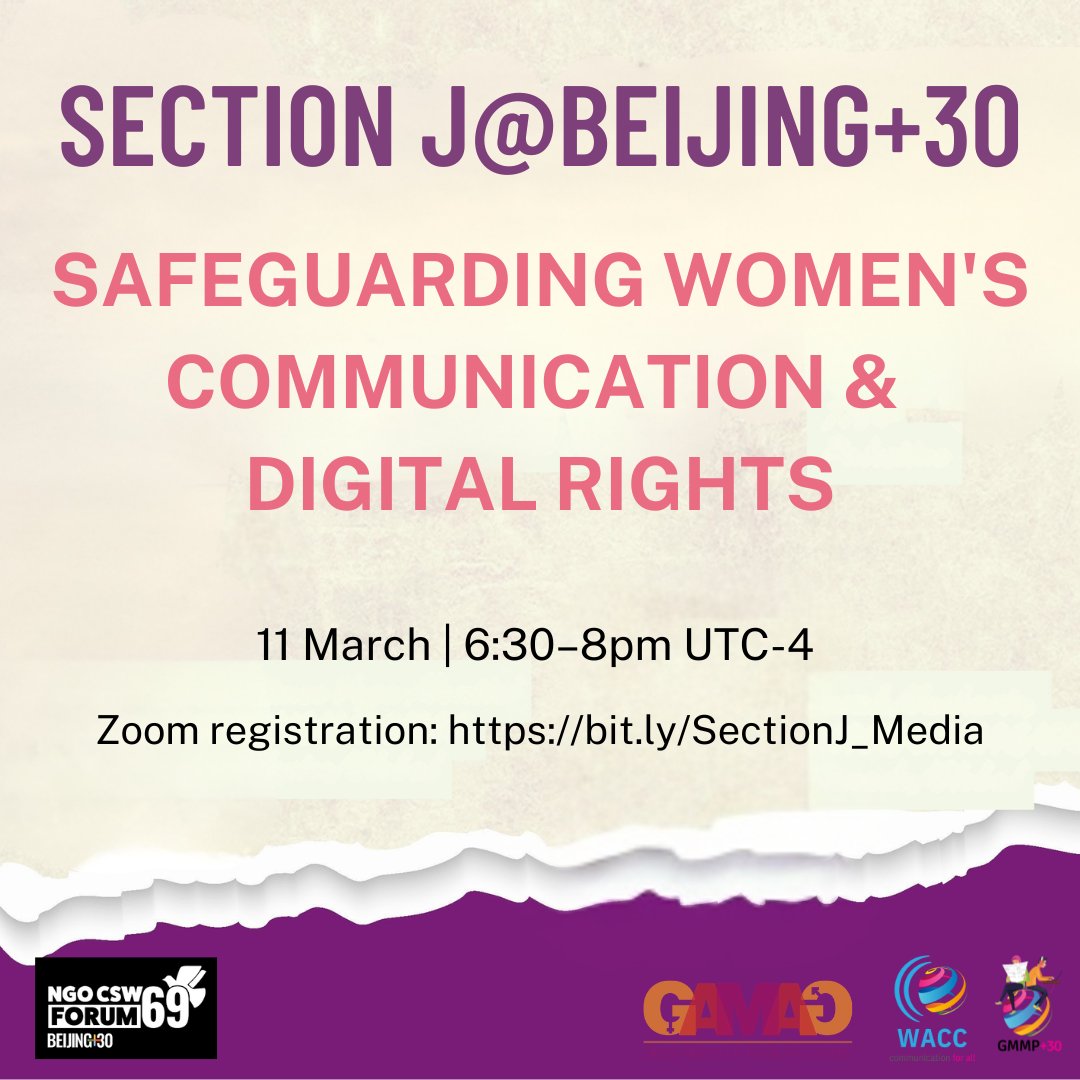 🚨 today!! | Join WACC &amp; <a href="/GAMAGFeminist/">GAMAG</a> at #CSW69 to #Beijing30 review &amp; promote gender equality in &amp; thru media
🪧Section J: Safeguarding Women’s Communication &amp; Digital Rights
📅 11 Mar, 6:30–8pm UTC-4
📲 Info bit.ly/CSW69-Preview
#NGOCSW69 #GMMP30 <a href="/whomakesthenews/">WACC WhoMakesTheNews</a> <a href="/UN_Women/">UN Women</a>
