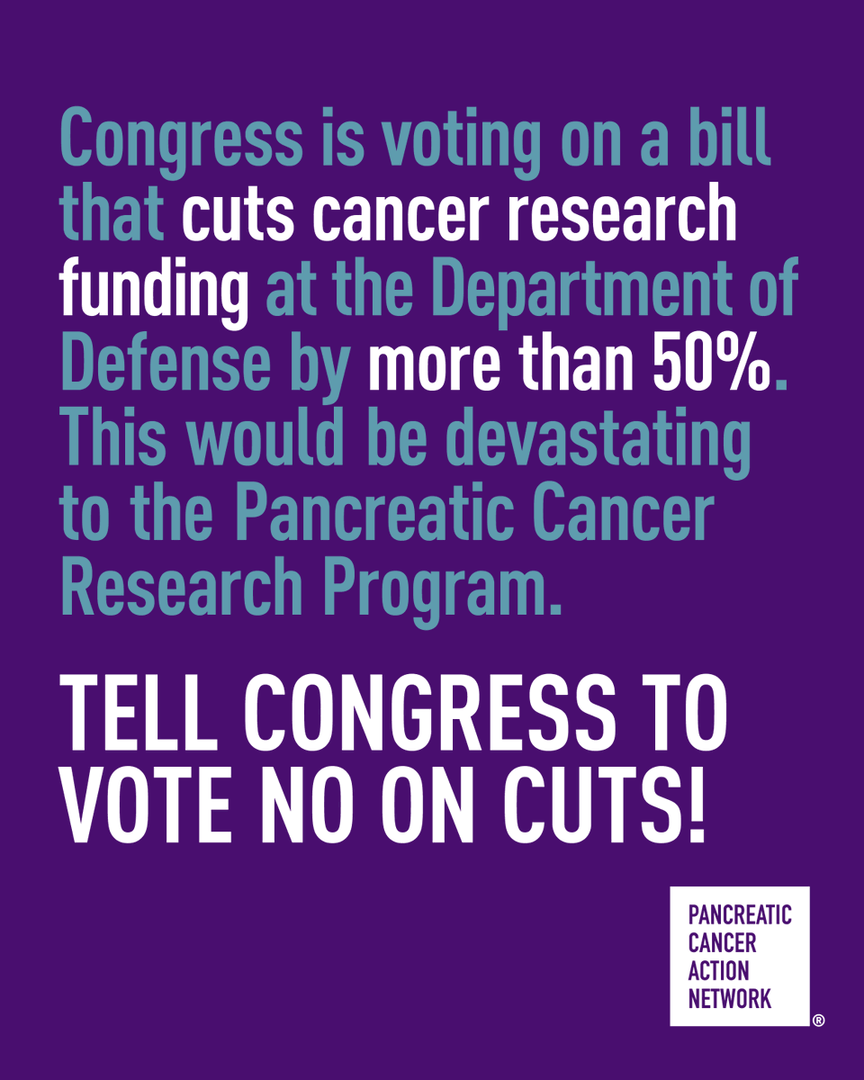PanCAN's tweet photo. 🚨 SAVE PANCREATIC CANCER RESEARCH FUNDING! 🚨

As early as tomorrow, Tuesday, March 11, Congress is voting on a bill that cuts cancer research funding at the Department of Defense by more than 50%! This would be devastating to the Pancreatic Cancer Research Program. It takes just a few clicks to tell your members of Congress to VOTE NO to these cuts! 🚫

The Pancreatic Cancer Research Program exists because of the tireless advocacy of our PanCAN community. Cutting this funding means cutting millions of dollars that could lead to a cure for patients. 💜🔬 Progress isn’t possible without federal research funding. By failing to support our nation’s researchers with the resources needed to cure this disease, your members of Congress are failing you – don’t let them.

📢 Now is the time to make your voice heard! 📢 ACT NOW: https://t.co/adIsgwHaQG