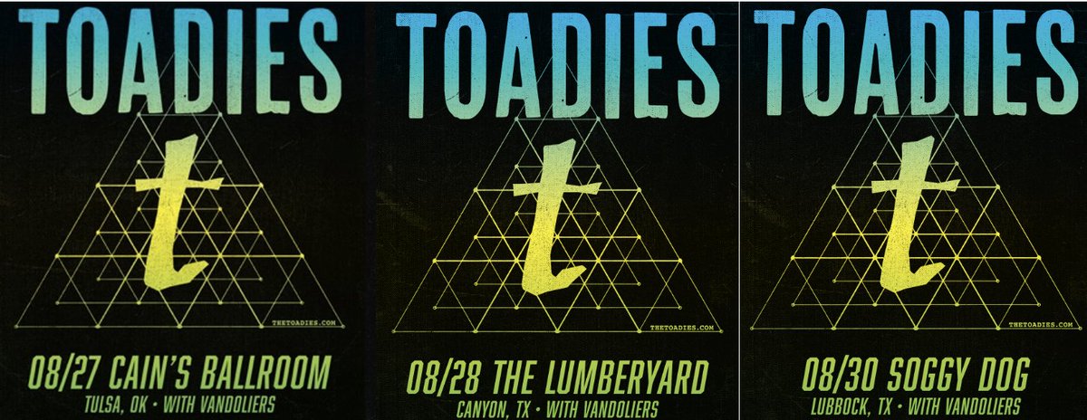 Toadies (Official) (@thetoadies) on Twitter photo It's Tulsa time....and Amarillo...and Lubbock too. All three shows with <a href="/vandoliers/">Vandoliers</a>. On sale this Friday. It's Tulsa time....and Amarillo...and Lubbock too. All three shows with <a href="/vandoliers/">Vandoliers</a>. On sale this Friday.