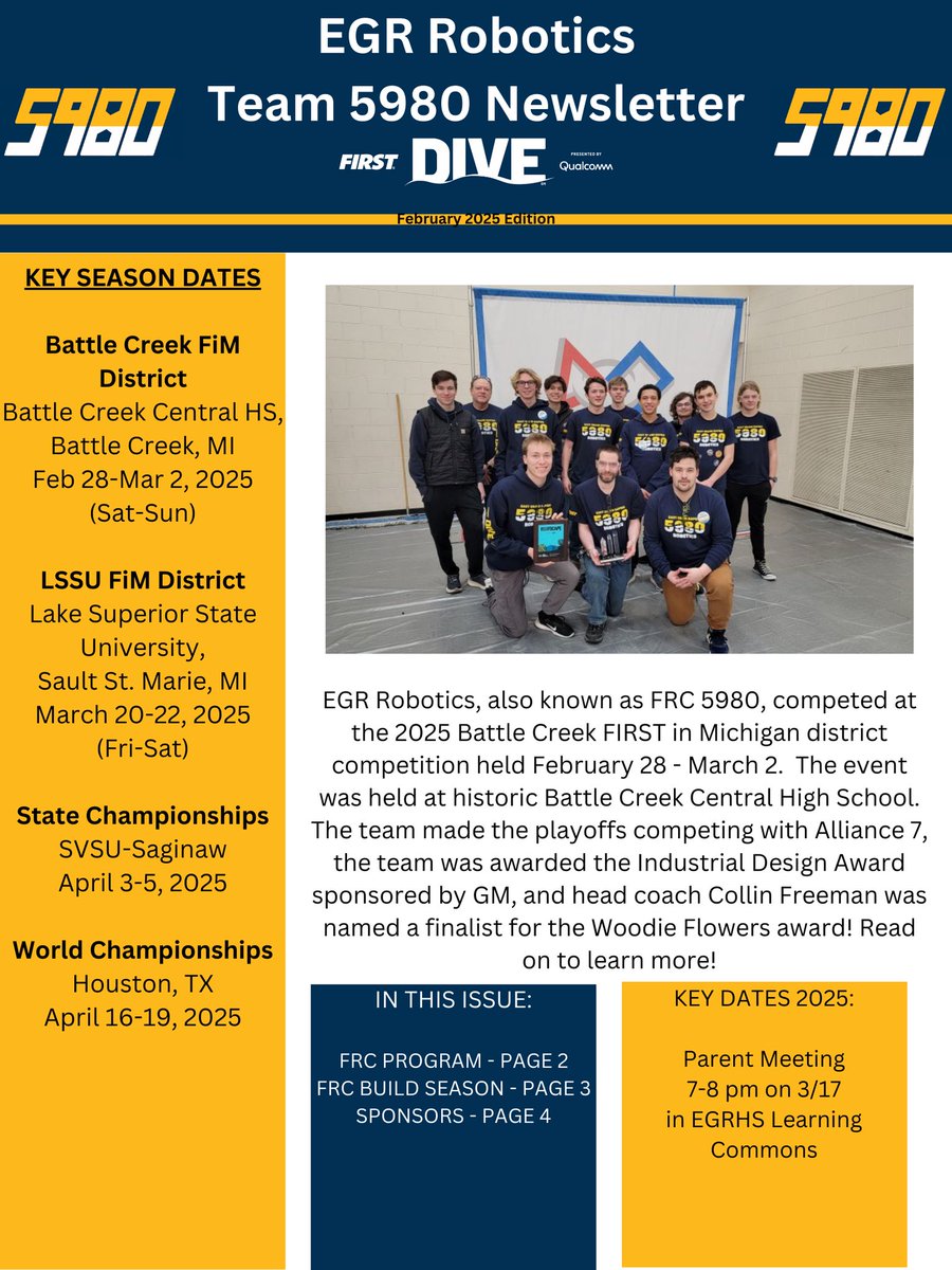 EGRRobotics5980's tweet photo. EGR Robotics is pleased to announce the publication of our February 2025 newsletter.  Refer to link in our bio for full version. https://t.co/t9u1wbATU4