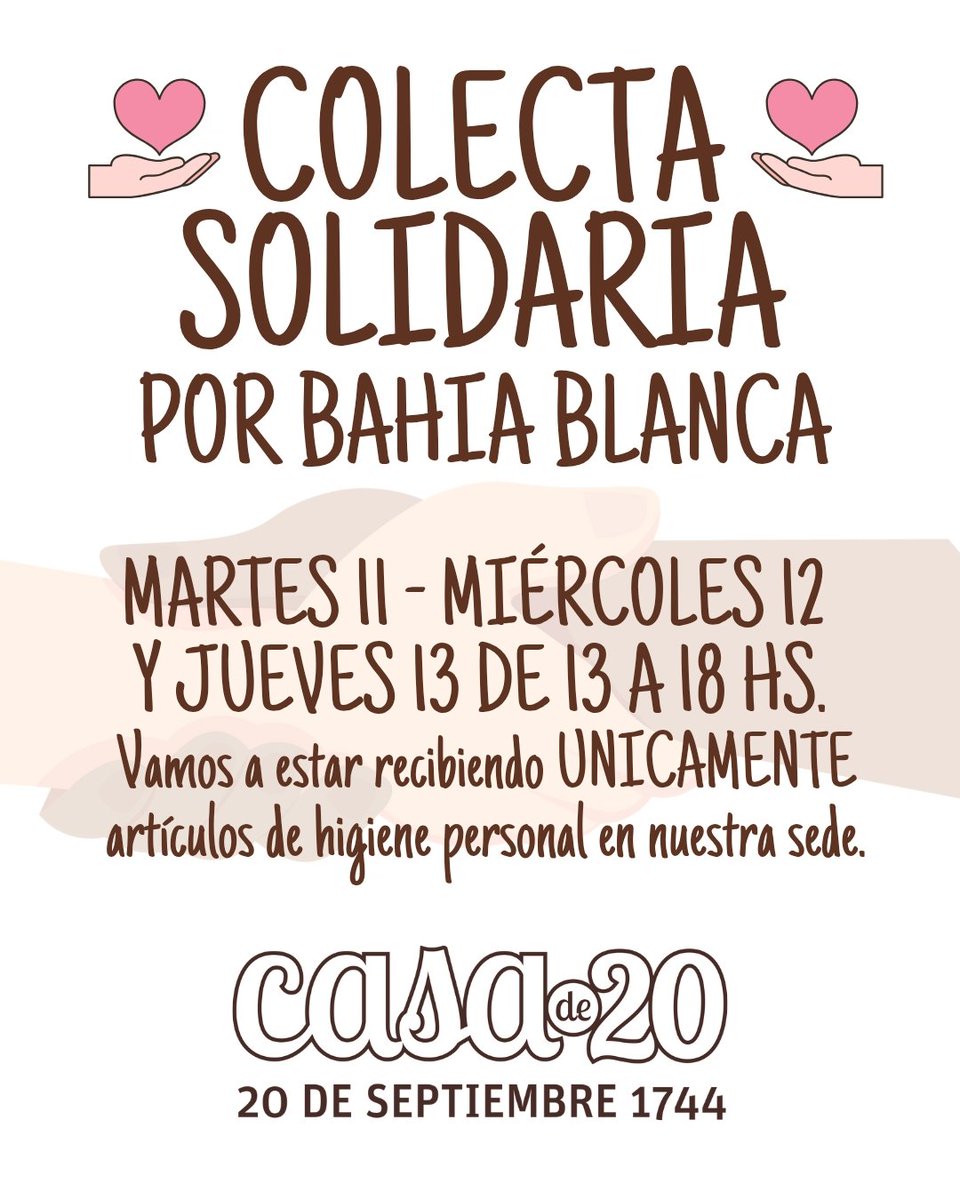 CasadeVeinte's tweet photo. 🤝Desde Casa de 20 nos sumamos para ayudar a nuestros vecinos de Bahía Blanca.

📍Martes 11, miércoles 12 y jueves 13 vamos a estar recibiendo en nuestra sede (20 de septiembre 1744) de 13 a 18 hs, ÚNICAMENTE artículos de higiene personal. 

Entre todos podemos dar una gran mano. https://t.co/rSrgsJwJti