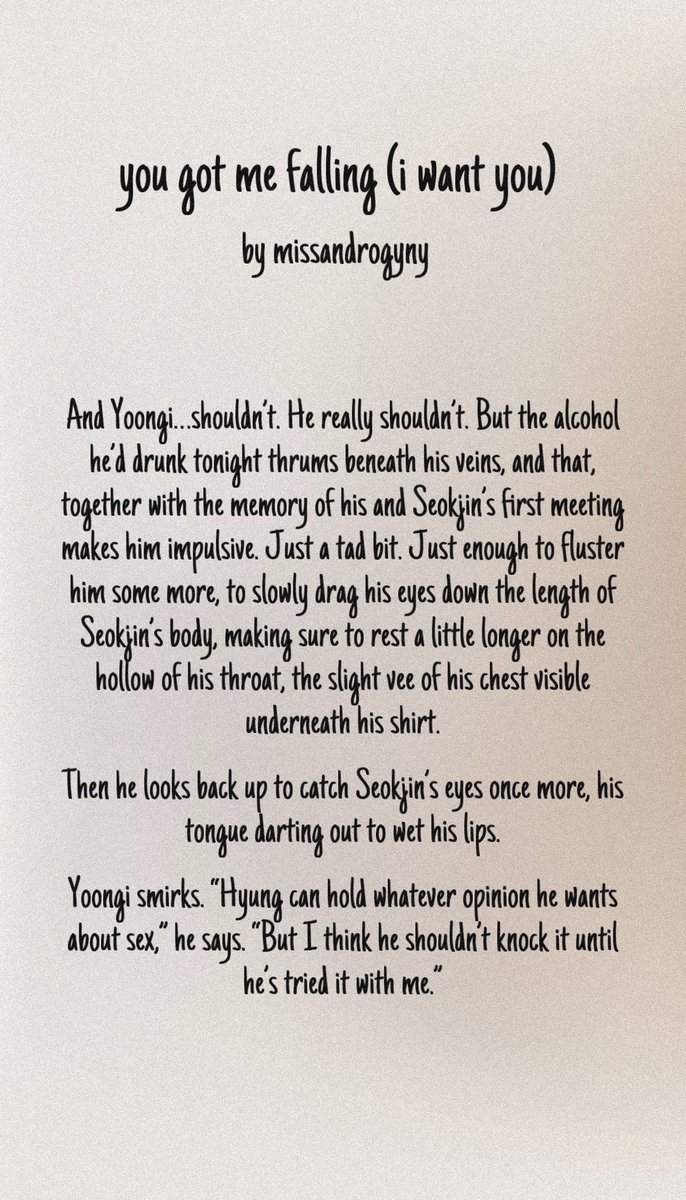🔖#ficrec 
title: you got me falling (i want you)
author: <a href="/missandrogyny/">jürgen 🫧</a>
⤷ yoonjin [seokjin/yoongi]
⤷ friends to lovers, pining 
⤷ explicit
⤷ completed, chapter 3/3
⤷  40k words
🔗 ao3.org/works/63669778