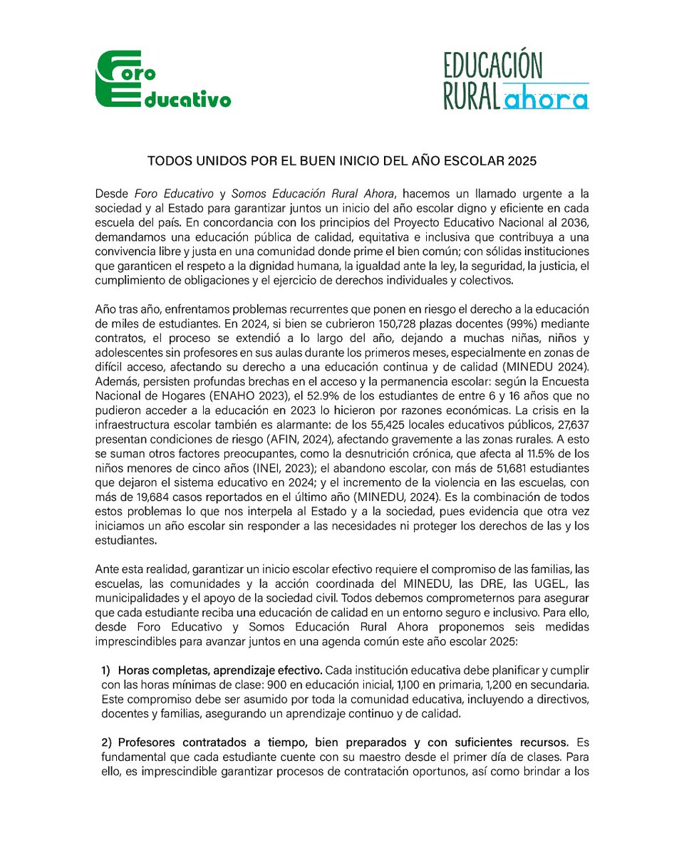 Plataforma_Educ's tweet photo. 📢 ¡Un llamado urgente por la educación en el Perú!

El inicio del año escolar debe ser una oportunidad para todos, pero persisten desafíos que amenazan la educación:

🔹 Falta de docentes
🔹 Brechas de acceso, sobre todo en zonas rurales
🔹 Infraestructura deficiente
1/2 https://t.co/aBTPiPSPdS
