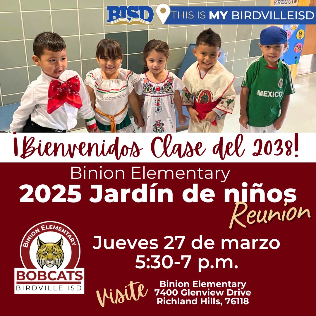 🌟 Binion Elementary 2025 Kindergarten Roundup 🌟
📅 Thursday, March 27
🕠 5:30 – 7 p.m. 
📍 7400 Glenview Drive, Richland Hills, 76118

Join us for a fun evening to explore Binion Elementary, meet teachers, and kick-start your child's learning journey! See you there! 🎒📚