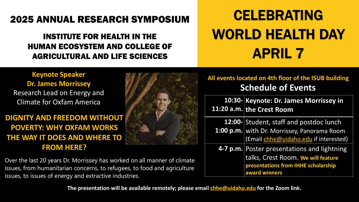 Institute for Health in the Human Ecosystem (@ui_ihhe) on Twitter photo You are invited to celebrate World Health Day - Please mark your calendars for our IHHE Annual Research Symposium scheduled for Monday, April 7, 2025, on the 4th floor of the ISUB building. <a href="/ui_IHHE/">Institute for Health in the Human Ecosystem</a> <a href="/UofGCBS/">College of Biological Science</a> <a href="/iids_uidaho/">Institute for Interdisciplinary Data Sciences</a> <a href="/uidaho/">University of Idaho</a> #WorldHealthDay You are invited to celebrate World Health Day - Please mark your calendars for our IHHE Annual Research Symposium scheduled for Monday, April 7, 2025, on the 4th floor of the ISUB building. <a href="/ui_IHHE/">Institute for Health in the Human Ecosystem</a> <a href="/UofGCBS/">College of Biological Science</a> <a href="/iids_uidaho/">Institute for Interdisciplinary Data Sciences</a> <a href="/uidaho/">University of Idaho</a> #WorldHealthDay